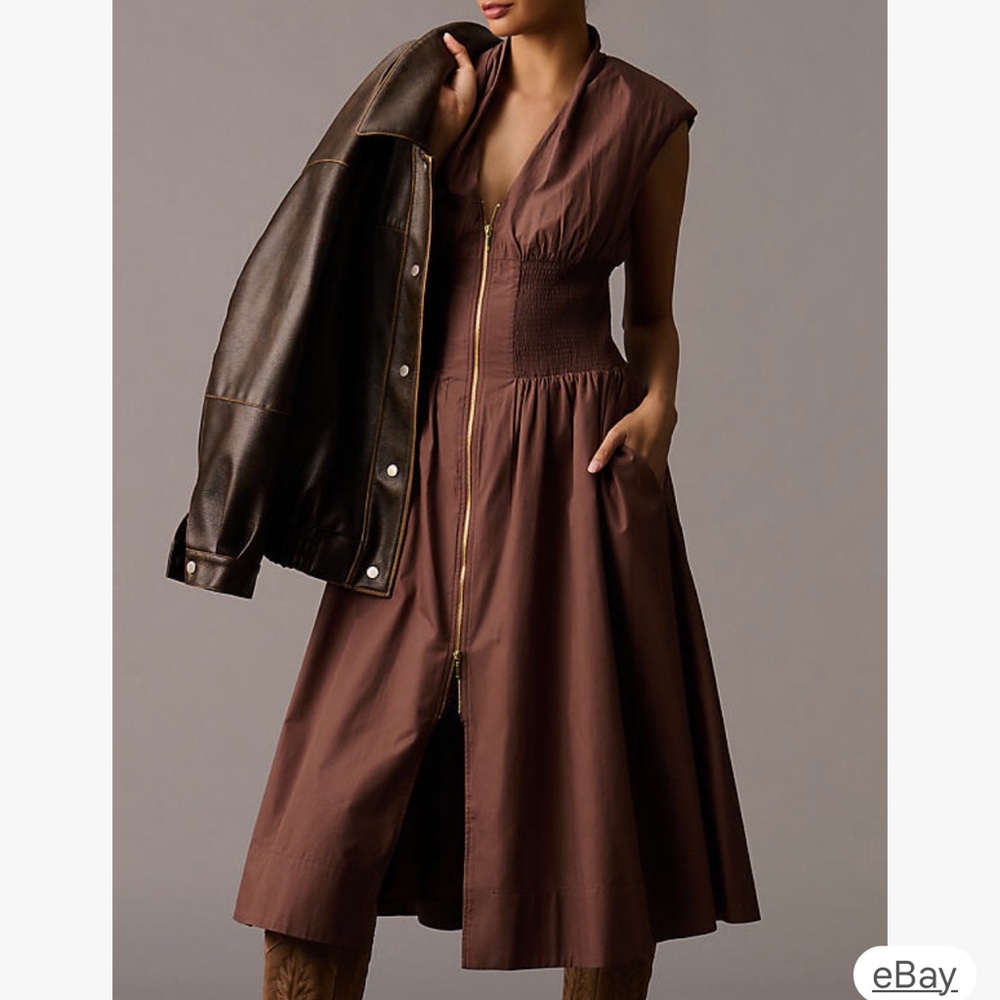 Anthropologie Chocolate Brown Zip-Front Midi Dress